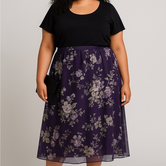 R&M Richards Woman Purple Floral Chiffon Overlay Skirt Size 18W Plus Feminine - Picture 1 of 7